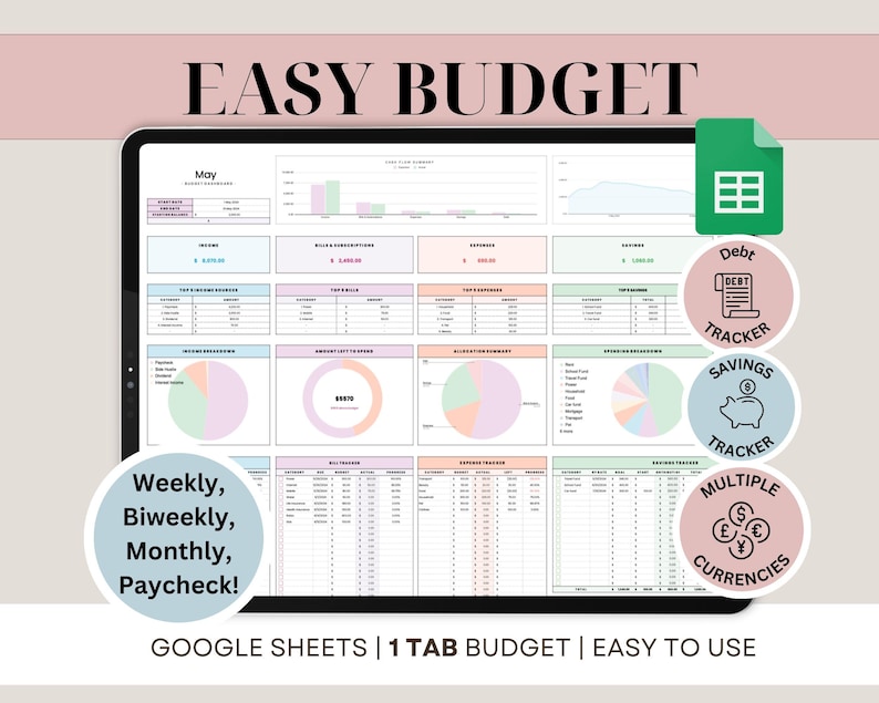 Pu&ograve; includere: Un pianificatore di budget digitale visualizzato su un tablet, con grafici e tabelle per entrate, spese e risparmi. Il testo "EASY BUDGET" &egrave; in alto, con etichette come "Debt Tracker" e "Savings Tracker". Il pianificatore &egrave; per Google Sheets.