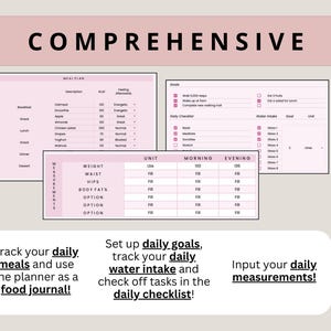 Puede incluir: Un planificador imprimible rosa y blanco con la palabra "COMPREHENSIVE" en la parte superior. El planificador incluye secciones para la planificaci&oacute;n de comidas, objetivos diarios, ingesta de agua y medidas diarias. El planificador est&aacute; dise&ntilde;ado para ayudar a las personas a realizar un seguimiento de sus comidas diarias, objetivos y progreso.