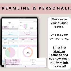 Pu&ograve; includere: Un tablet digitale che mostra un dashboard del budget con grafici e dati finanziari. Il testo "STREAMLINE & PERSONALIZZA" &egrave; in alto. L'immagine include il testo "Personalizza il tuo periodo di budget. Scegli la tua valuta. Inserisci un saldo iniziale e vedi quanto ti resta da spendere!"