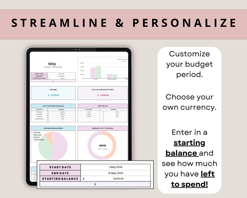 Pu&ograve; includere: Un tablet digitale che mostra un dashboard del budget con grafici e dati finanziari. Il testo "STREAMLINE & PERSONALIZZA" &egrave; in alto. L'immagine include il testo "Personalizza il tuo periodo di budget. Scegli la tua valuta. Inserisci un saldo iniziale e vedi quanto ti resta da spendere!"