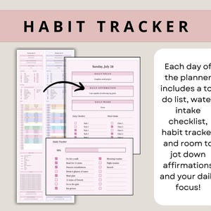May include: A pink and white habit tracker planner with a daily checklist, water intake tracker, and space for daily affirmations and focus. The planner includes the text "Sunday, July 28", "Daily Focus", "Daily Affirmation", and "Daily Word".