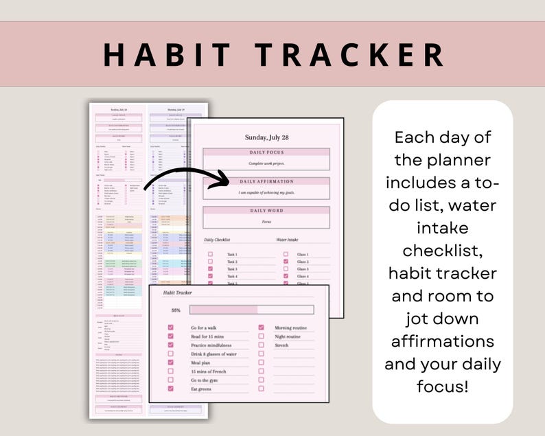 May include: A pink and white habit tracker planner with a daily checklist, water intake tracker, and space for daily affirmations and focus. The planner includes the text "Sunday, July 28", "Daily Focus", "Daily Affirmation", and "Daily Word".