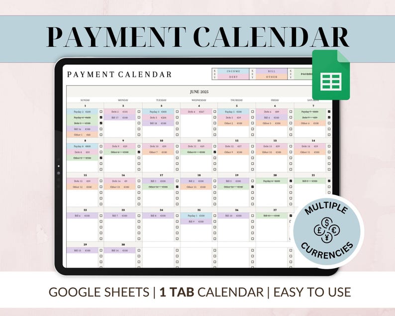 K&ouml;nnte beinhalten: Ein digitaler Zahlungskalender auf einem Tablet. Der Kalender ist nach Tagen organisiert und enth&auml;lt Abschnitte f&uuml;r Einnahmen, Miete, Rechnungen und andere Ausgaben. Der Text "PAYMENT CALENDAR" steht oben, mit "GOOGLE SHEETS | 1 TAB CALENDAR | EASY TO USE" unten.