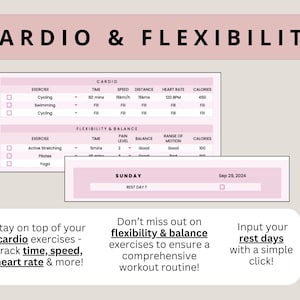Puede incluir: Un planificador imprimible rosa y blanco con una lista de verificaci&oacute;n para ejercicios de cardio y flexibilidad. El planificador incluye secciones para realizar un seguimiento del tiempo, la velocidad, la distancia, la frecuencia card&iacute;aca, las calor&iacute;as quemadas, el nivel de dolor, el equilibrio y el rango de movimiento. El planificador se titula "Cardio & Flexibilidad" e incluye la fecha "29 de septiembre de 2024".