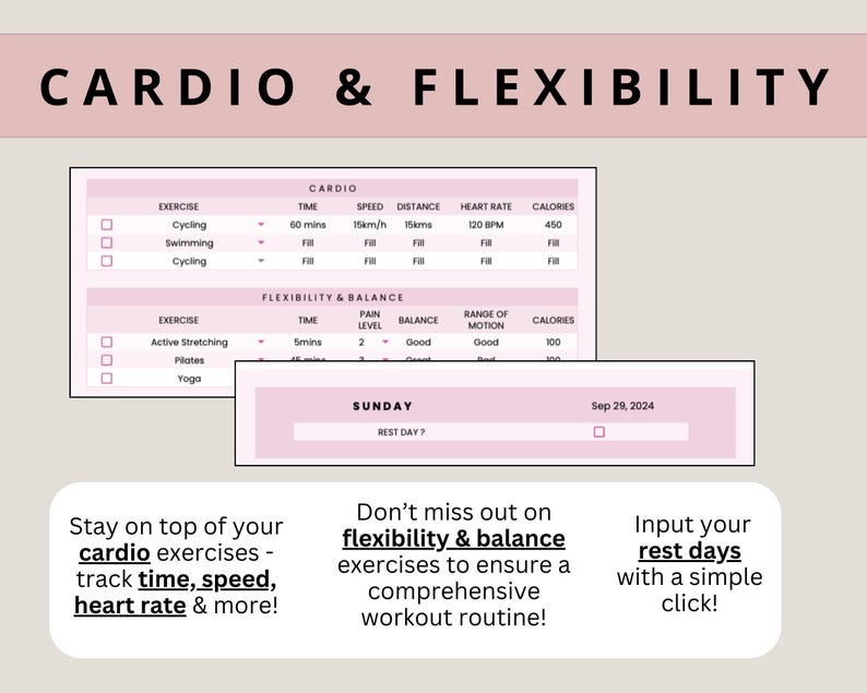 Puede incluir: Un planificador imprimible rosa y blanco con una lista de verificaci&oacute;n para ejercicios de cardio y flexibilidad. El planificador incluye secciones para realizar un seguimiento del tiempo, la velocidad, la distancia, la frecuencia card&iacute;aca, las calor&iacute;as quemadas, el nivel de dolor, el equilibrio y el rango de movimiento. El planificador se titula "Cardio & Flexibilidad" e incluye la fecha "29 de septiembre de 2024".
