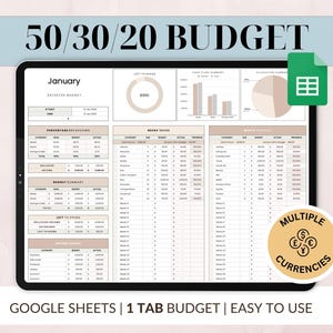 May include: A digital budget spreadsheet template for Google Sheets, titled "50/30/20 Budget". The template is designed to help users track their income and expenses, and allocate their money according to the 50/30/20 budgeting method. The template includes sections for income, expenses, needs, wants, and savings. It also includes a section for tracking spending by category. The template is designed to be easy to use and customizable. The template is available in multiple currencies.