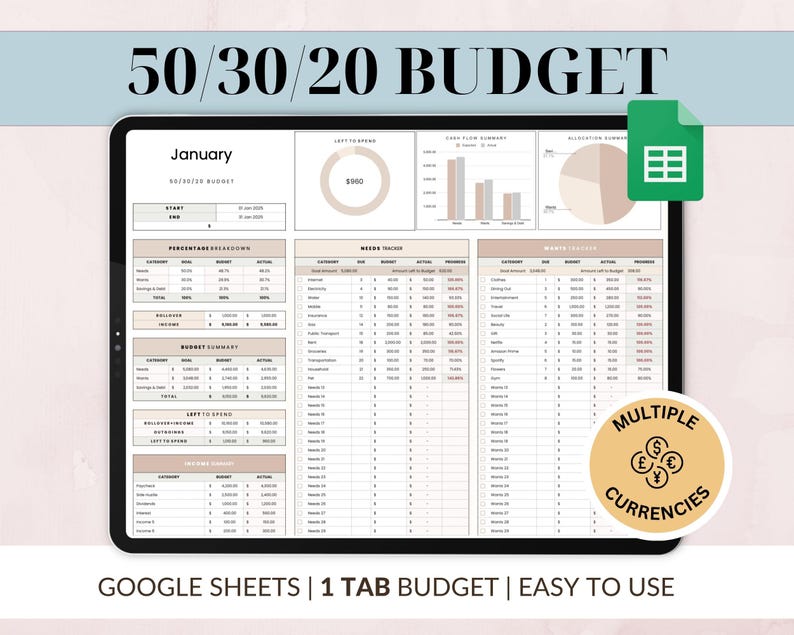 50/30/20 Budget Spreadsheet Google Sheets Budget Template Weekly ...