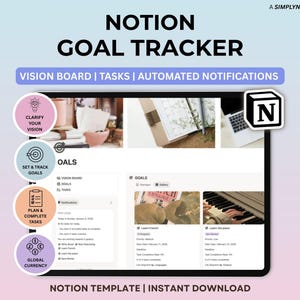 May include: A digital Notion goal tracker template with the text "NOTION GOAL TRACKER". The template includes sections for vision boards, tasks, and automated notifications. The design features a clean, modern aesthetic with a gradient background.