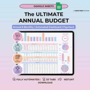 以下が含まれることがあります： Googleスプレッドシートの年間予算テンプレート。自動化されたダッシュボード、棒グラフ、円グラフ、データテーブルが表示されています。債務トラッカー、貯蓄トラッカー、請求カレンダー、通貨のアイコンが含まれています。テキスト：The ULTIMATE ANNUAL BUDGET。