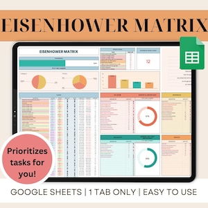 May include: A digital Eisenhower Matrix template displayed on a tablet. The screen shows a spreadsheet with charts, task lists, and the text "EISENHOWER MATRIX." Additional text includes "Prioritizes tasks for you!" and "GOOGLE SHEETS | 1 TAB ONLY | EASY TO USE."
