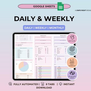 Op de afbeelding: Een digitale dag- en weekplanner-sjabloon voor Google Sheets. De interface bevat een kalender, takenlijsten, doeltrackers en een cirkeldiagram. Vier ronde iconen benadrukken functies: Easy to Use, Focus on Goals, Build Momentum en Re-use Every Month. De tekst bevat Daily & Weekly, Daily | Weekly | Monthly en Fully Automated | 8 Tabs | Instant Download.