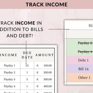 K&ouml;nnte beinhalten: Eine Planerseite mit dem Text "Track Income" oben. Die Seite enth&auml;lt Tabellen zur Verfolgung von Einnahmen, Rechnungen und Schulden. Die Einnahmentabelle zeigt Einnahmen und F&auml;lligkeitstermine. Die rechte Seite zeigt eine Wochenansicht mit Einnahmen und Ausgaben.