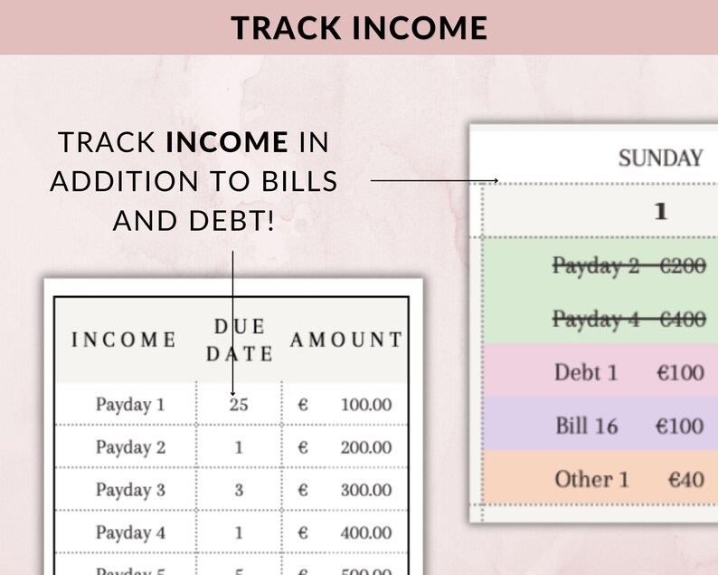 K&ouml;nnte beinhalten: Eine Planerseite mit dem Text "Track Income" oben. Die Seite enth&auml;lt Tabellen zur Verfolgung von Einnahmen, Rechnungen und Schulden. Die Einnahmentabelle zeigt Einnahmen und F&auml;lligkeitstermine. Die rechte Seite zeigt eine Wochenansicht mit Einnahmen und Ausgaben.