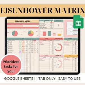 May include: A digital spreadsheet template for the Eisenhower Matrix, a time management method for prioritizing tasks. The template is designed for Google Sheets and includes a single tab. The template features a colorful design with a pink, green, and yellow color scheme. The template includes a pie chart and a table for organizing tasks.