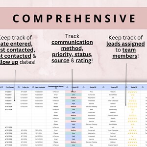 May include: A digital spreadsheet with the word "COMPREHENSIVE" at the top. The spreadsheet is designed to track dates, communication methods, priorities, and team member assignments. The text in the image includes "date entered", "first contacted", "last contacted", and "follow up dates!"