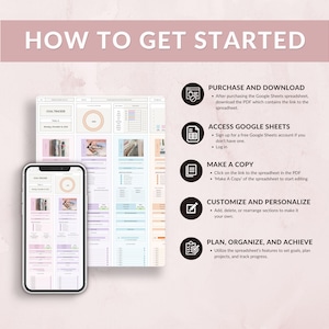 May include: A digital planner displayed on a smartphone and a spreadsheet. The image includes the text "HOW TO GET STARTED" and instructions for purchasing, accessing, copying, customizing, and planning with the planner.