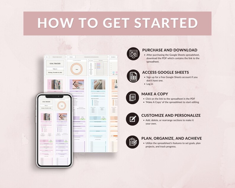 May include: A digital planner displayed on a smartphone and a spreadsheet. The image includes the text "HOW TO GET STARTED" and instructions for purchasing, accessing, copying, customizing, and planning with the planner.