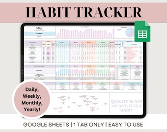 May include: A digital screen displaying a Google Sheets spreadsheet with a habit tracker for the month of May. The spreadsheet includes daily, weekly, monthly, and yearly progress tracking. The text "QUALITY IS NOT AN ACT, IT IS A HABIT" is displayed at the bottom of the screen.