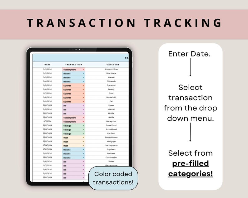 Pu&ograve; includere: Un tablet digitale mostra un foglio di calcolo per il monitoraggio delle transazioni con categorie codificate a colori. Il testo "TRANSACTION TRACKING" &egrave; in alto. Le istruzioni sulla destra guidano gli utenti nell'inserimento delle date, nella selezione delle transazioni e nella scelta delle categorie precompilate.