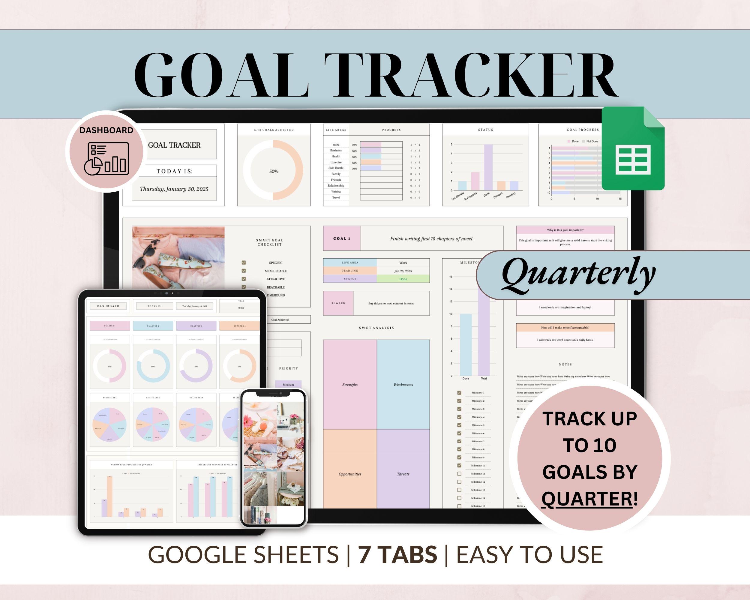Doelplanner Kwartaaldoelen bijhouden Google Spreadsheets-spreadsheet SMART Goal-dashboard Nieuwjaarsresoluties sjabloon Jaarlijks visiebord