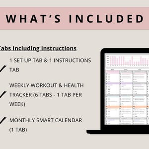 Puede incluir: Un gr&aacute;fico rosa y blanco con el texto "WHAT'S INCLUDED" en negro. El gr&aacute;fico enumera el contenido de una agenda digital, que incluye una pesta&ntilde;a de configuraci&oacute;n, instrucciones, un rastreador semanal de entrenamiento y salud, y un calendario inteligente mensual.