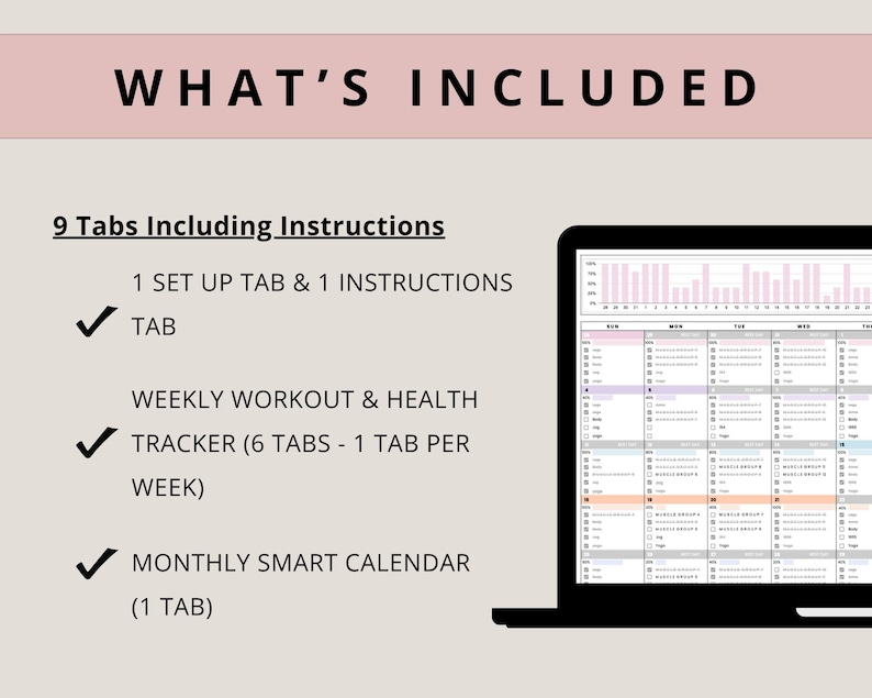 Puede incluir: Un gr&aacute;fico rosa y blanco con el texto "WHAT'S INCLUDED" en negro. El gr&aacute;fico enumera el contenido de una agenda digital, que incluye una pesta&ntilde;a de configuraci&oacute;n, instrucciones, un rastreador semanal de entrenamiento y salud, y un calendario inteligente mensual.