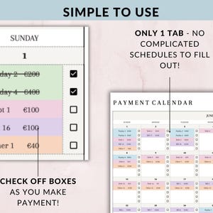 K&ouml;nnte beinhalten: Ein Monatszahlungskalender mit &uuml;bersichtlichem Layout, der ein Raster f&uuml;r jeden Tag des Monats zeigt. Der Kalender enth&auml;lt Kontrollk&auml;stchen zum Markieren von Zahlungen. Der Text auf dem Bild lautet "EINFACH ZU BEDIENEN".