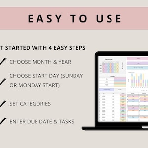 May include: A screenshot of a computer screen showing a calendar spreadsheet with a checklist of four steps to get started: Choose month & year, Choose start day (Sunday or Monday start), Set categories, Enter due date & tasks. The calendar is for September 2024.