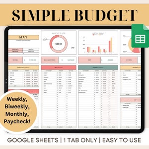Puede incluir: Una plantilla de hoja de cálculo de presupuesto digital para Google Sheets. La plantilla está diseñada para ayudar a los usuarios a realizar un seguimiento de sus ingresos, gastos y ahorros. La hoja de cálculo incluye una variedad de gráficos y tablas para visualizar datos financieros. La plantilla es fácil de usar y se puede personalizar para adaptarse a las necesidades individuales. El texto en la pantalla dice "SIMPLE BUDGET", "MAY", "Weekly, Biweekly, Monthly, Paycheck!" y "GOOGLE SHEETS | 1 TAB ONLY | EASY TO USE".