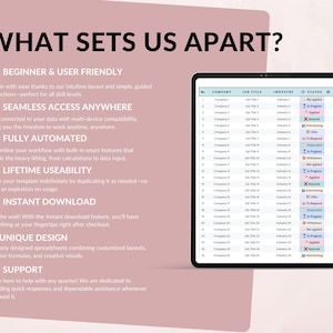 May include: A digital tablet displays a spreadsheet with columns for company, job title, industry, and status. The text "WHAT SETS US APART?" is at the top, with bullet points describing features like user-friendliness and instant download.