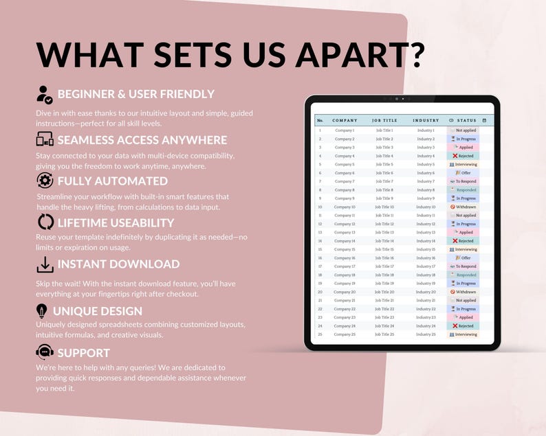 May include: A digital tablet displays a spreadsheet with columns for company, job title, industry, and status. The text "WHAT SETS US APART?" is at the top, with bullet points describing features like user-friendliness and instant download.