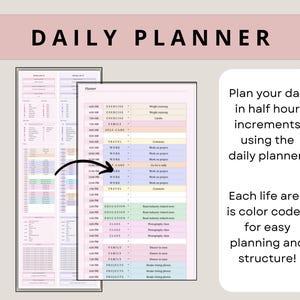 May include: A daily planner with a colorful grid layout. Each section is color-coded for different life areas, such as exercise, family, work, and travel. The planner is designed to help users plan their day in half-hour increments.
