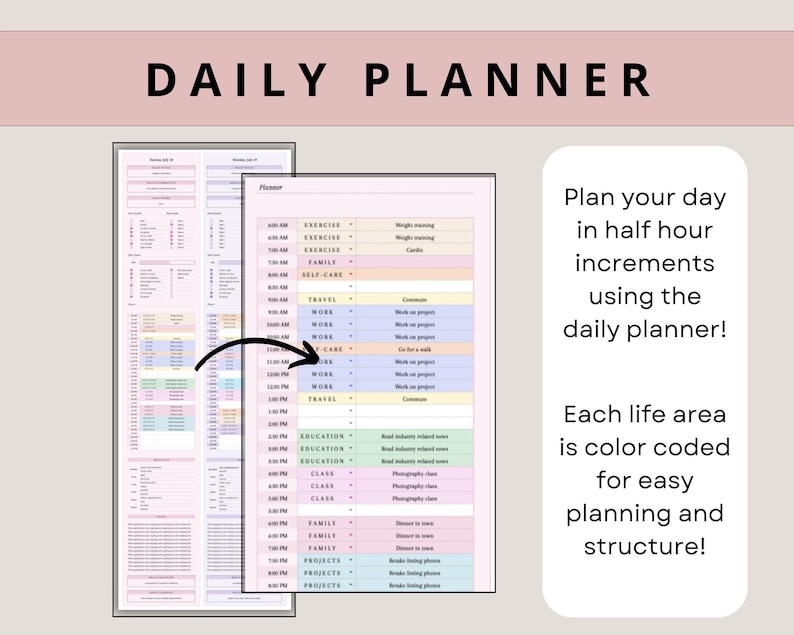 May include: A daily planner with a colorful grid layout. Each section is color-coded for different life areas, such as exercise, family, work, and travel. The planner is designed to help users plan their day in half-hour increments.