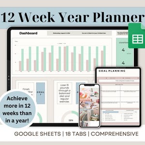 12 Week Year Planner Google Sheets Spreadsheet Goal Tracker Dashboard Quarterly Monthly Weekly Task To Do List Productivity Template
