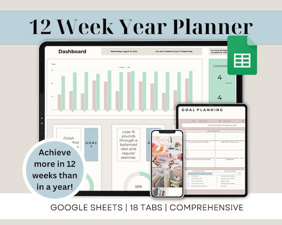 12 Week Year Planner Google Sheets Spreadsheet Goal Tracker Dashboard Quarterly Monthly Weekly Task To Do List Productivity Template