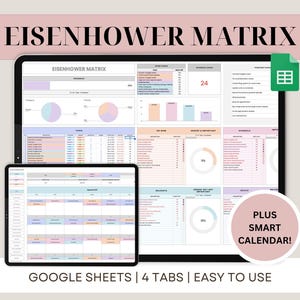 Peut inclure: Un modèle de feuille de calcul numérique pour la matrice d'Eisenhower, un outil de gestion du temps. Le modèle est conçu pour Google Sheets et comprend quatre onglets : Matrice d'Eisenhower, Tâches, Urgent mais pas important, et Pas urgent pas important. Le modèle comprend également un calendrier intelligent.