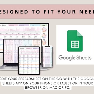 Puede incluir: Un port&aacute;til, una tableta y un tel&eacute;fono inteligente que muestran una hoja de c&aacute;lculo con el texto "Oct 2024". El logotipo de Google Sheets se muestra con el texto "Google Sheets". El texto "EDIT YOUR SPREADSHEET ON THE GO WITH THE GOOGLE SHEETS APP ON YOUR PHONE OR TABLET OR IN YOUR BROWSER ON MAC OR PC." se muestra debajo del logotipo.