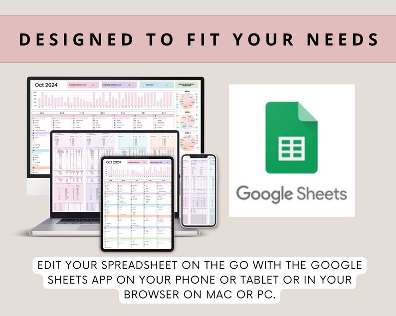 Puede incluir: Un port&aacute;til, una tableta y un tel&eacute;fono inteligente que muestran una hoja de c&aacute;lculo con el texto "Oct 2024". El logotipo de Google Sheets se muestra con el texto "Google Sheets". El texto "EDIT YOUR SPREADSHEET ON THE GO WITH THE GOOGLE SHEETS APP ON YOUR PHONE OR TABLET OR IN YOUR BROWSER ON MAC OR PC." se muestra debajo del logotipo.
