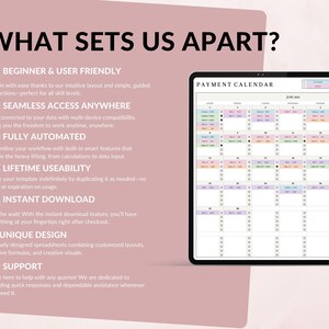 K&ouml;nnte beinhalten: Ein digitaler Zahlungskalender auf einem Tablet, mit dem Text &bdquo;WHAT SETS US APART?&ldquo; und Aufz&auml;hlungspunkten, die Funktionen wie Benutzerfreundlichkeit, nahtlosen Zugriff, Automatisierung und sofortigen Download beschreiben. Der Kalender zeigt ein monatliches Layout.