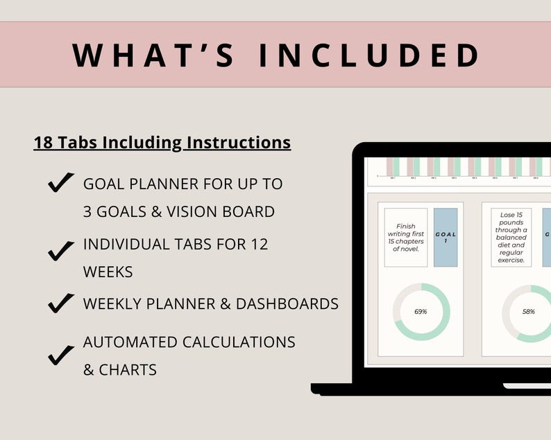 May include: A laptop screen displaying a goal planner with 18 tabs, including instructions. The planner features a goal planner for up to 3 goals and a vision board, individual tabs for 12 weeks, a weekly planner and dashboards, and automated calculations and charts. The screen shows two example goals: "Finish writing first 15 chapters of novel" and "Lose 15 pounds through a balanced diet and regular exercise".