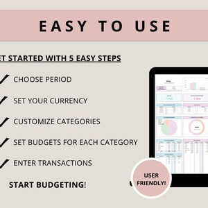 Pu&ograve; includere: Un modello di budget digitale visualizzato su uno schermo di computer nero. Lo schermo mostra un foglio di calcolo con grafici e tabelle. Il testo sullo schermo recita "Facile da usare" e "Inizia con 5 semplici passaggi". &Egrave; visibile anche un cerchio rosa con le parole "Facile da usare!"