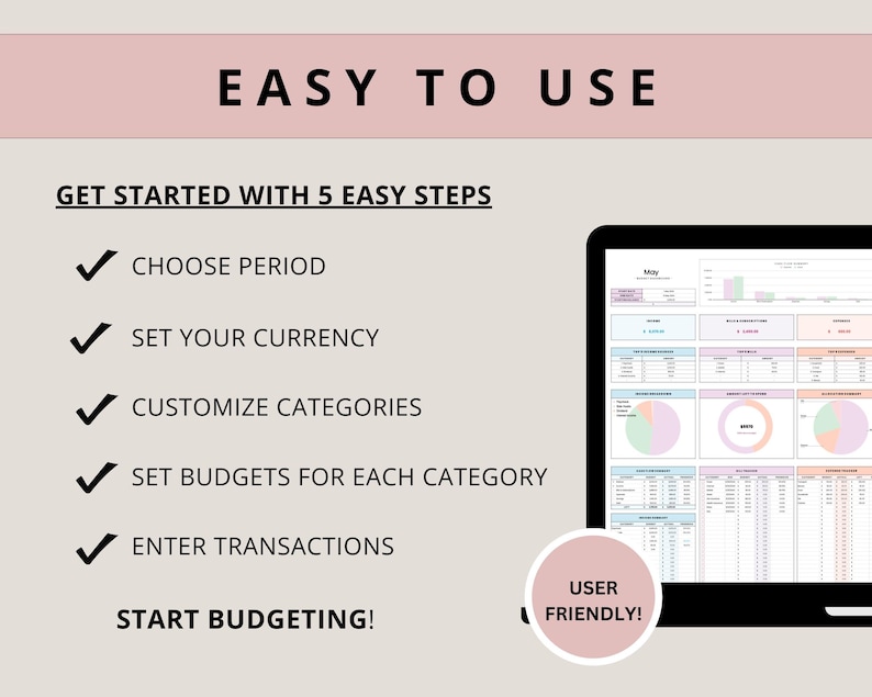 Pu&ograve; includere: Un modello di budget digitale visualizzato su uno schermo di computer nero. Lo schermo mostra un foglio di calcolo con grafici e tabelle. Il testo sullo schermo recita "Facile da usare" e "Inizia con 5 semplici passaggi". &Egrave; visibile anche un cerchio rosa con le parole "Facile da usare!"