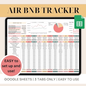 May include: A Google Sheets spreadsheet template for tracking AirBnB rental income and expenses. The spreadsheet includes a tab for revenue, expenses, and net profit. The spreadsheet is easy to use and set up.  The spreadsheet is designed to help users track their AirBnB business and make informed decisions about their rental property.