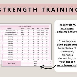 Puede incluir: Un registro de entrenamiento de fuerza imprimible con columnas para ejercicio, peso, series, repeticiones, descanso, tiempo y calor&iacute;as. El registro incluye una secci&oacute;n para grupos musculares, incluyendo pecho, brazos y espalda. El texto "Track weight, sets, reps, calories & more!" est&aacute; en un cuadro rosa con un contorno negro. El texto "Exercises are auto-populated to each day of the weekly planners depending on your chosen muscle groups!" est&aacute; en un cuadro rosa con un contorno negro.