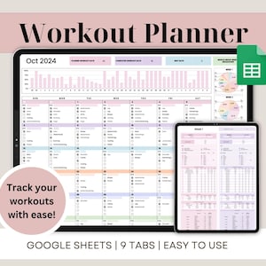 Op de afbeelding: Een digitale workoutplanner voor oktober 2024, weergegeven op een tabletscherm. De planner is georganiseerd per week en bevat secties voor geplande workouts, voltooide workouts en wekelijkse voortgangsrapporten. De planner is ontworpen voor gebruik met Google Sheets en bevat 9 tabbladen. De tekst "Workout Planner" wordt weergegeven in een roze banner bovenaan de afbeelding.