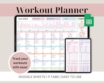 Planificador de ejercicios Hojas de cálculo de Google Seguimiento de ejercicios Plantilla de gimnasio Panel de comidas Lista de verificación de levantamiento de pesas Calendario de yoga y pilates