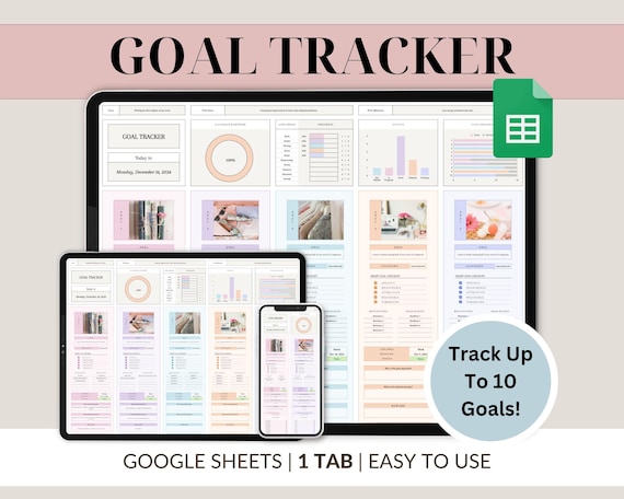 Goal Planner Google Sheets Spreadsheet Simple Goal Tracker SMART Goal Setting Dashboard New Years Resolutions Template Annual Vision Board