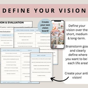 May include: A light blue and white printable worksheet with the text "Define Your Vision" at the top. The worksheet is divided into sections for long-term, medium-term, and short-term vision. It also includes a section for creating an anti-vision. The worksheet is designed to help people define their goals and aspirations.