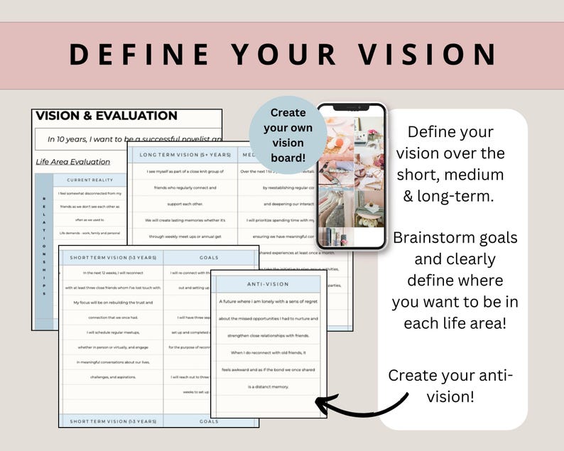 May include: A light blue and white printable worksheet with the text "Define Your Vision" at the top. The worksheet is divided into sections for long-term, medium-term, and short-term vision. It also includes a section for creating an anti-vision. The worksheet is designed to help people define their goals and aspirations.