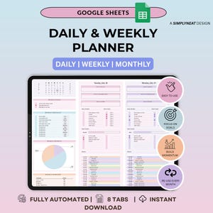 Planificador diario Hoja de cálculo Google Sheets Bloqueo de tiempo Plantilla de calendario mensual Lista de tareas Lista de tareas semanales Rutina de programación Rastreador de tareas digital